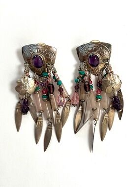 Vintage Tabra Attributed Amethyst Turquoise Chandelier Earrings 3.25"